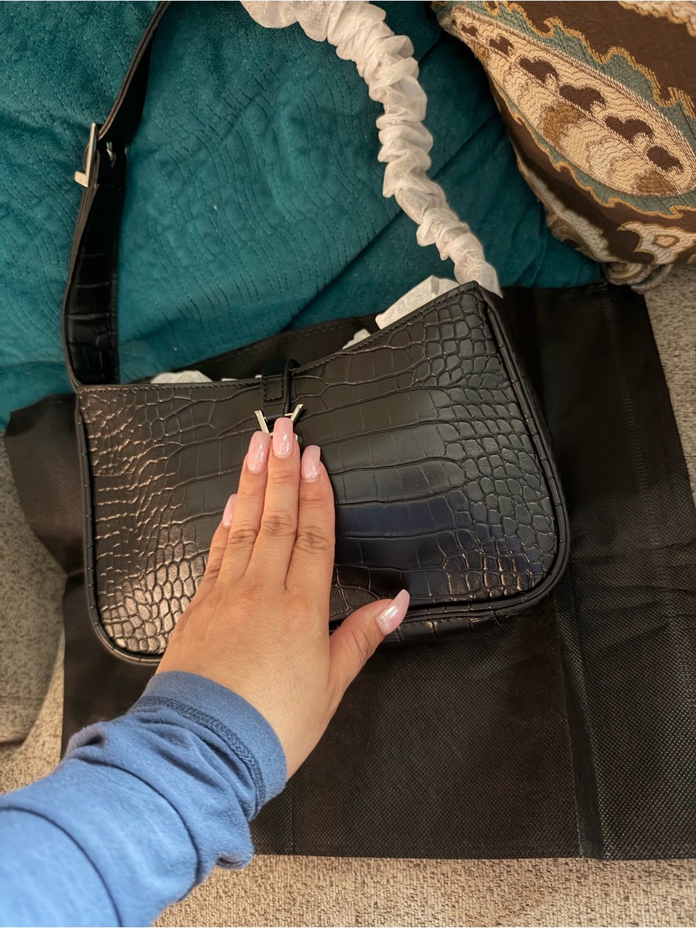 Black Croc-styleShoulder Bag - Women's Handbag